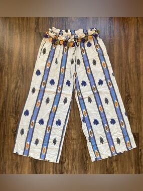 Ollari New York Wide Leg Cream Ikat Stripe Pants with Pom Waist Size Small